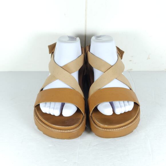 Sorel Women's Grooming US8,5 Tan Leather Criss Cross Platform Slingback Sandals - Picture 3 of 16